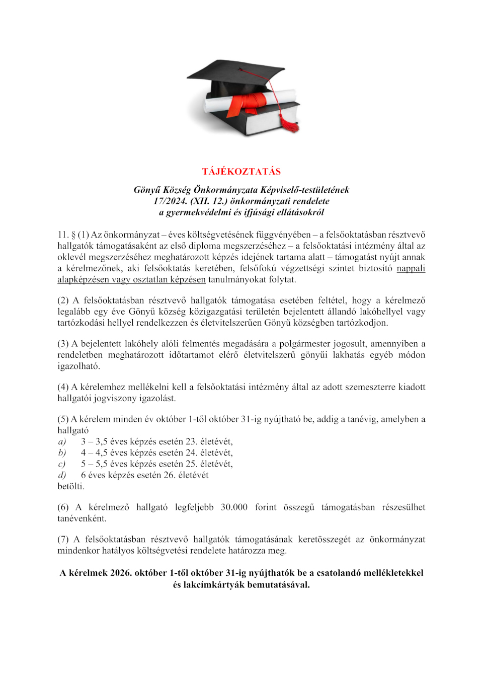Tájékoztatás - felsőoktatásban tanulók támogatása (2026)